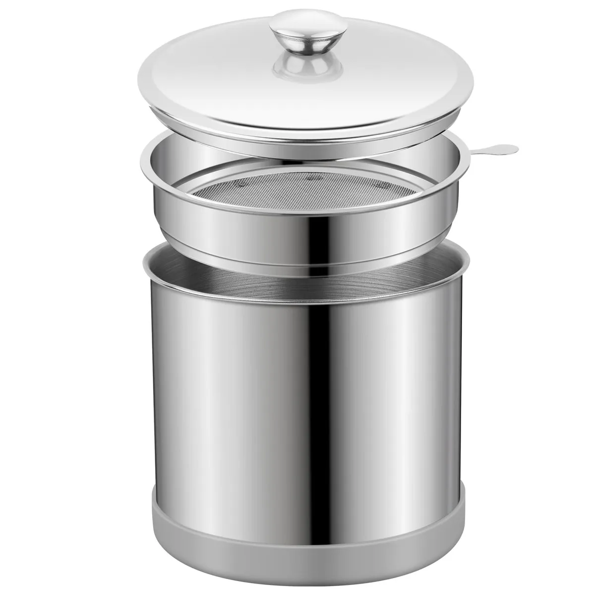 Silver stainless steel grease pot with fine mesh strainer and anti-slip base, 1.2L capacity
