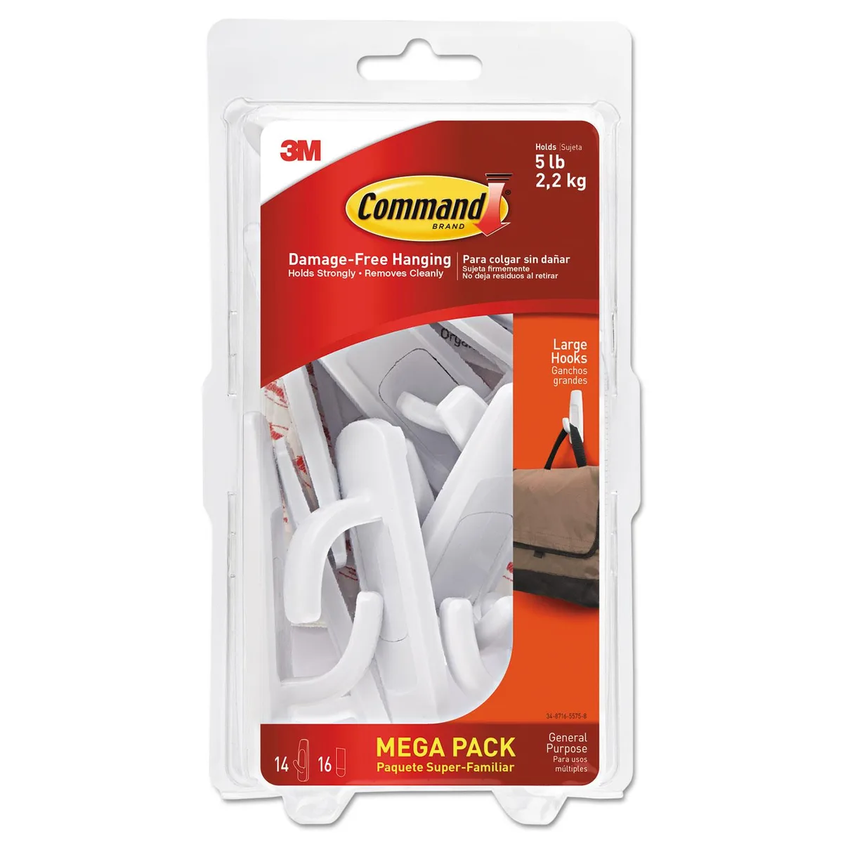 White plastic adhesive hooks and strips in retail packaging