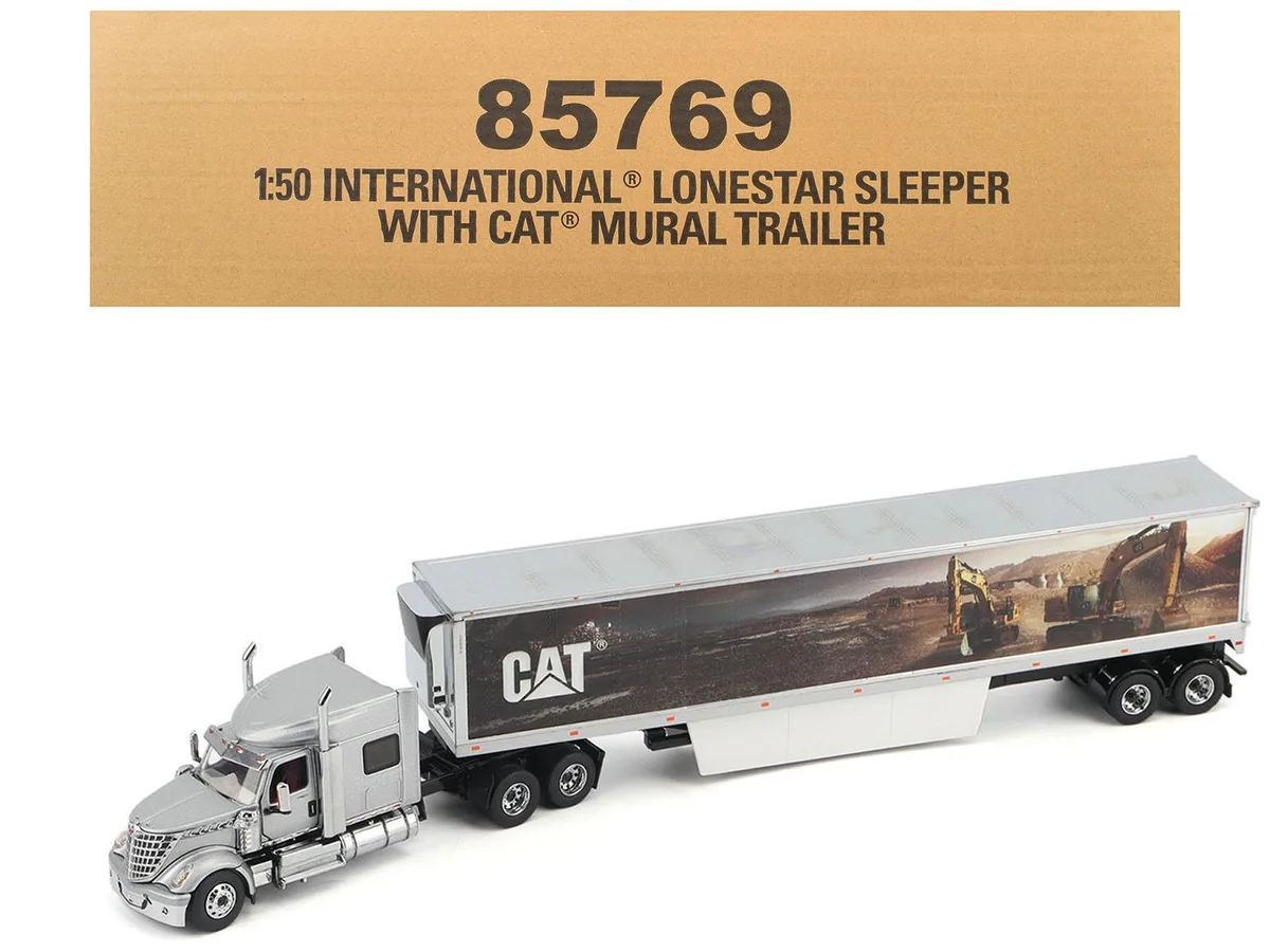 DieCast Masters DieCast Masters International Lonestar Truck Silver Metallic CAT Caterpillar Trailer 1/50 Hobby Collectible — product photo