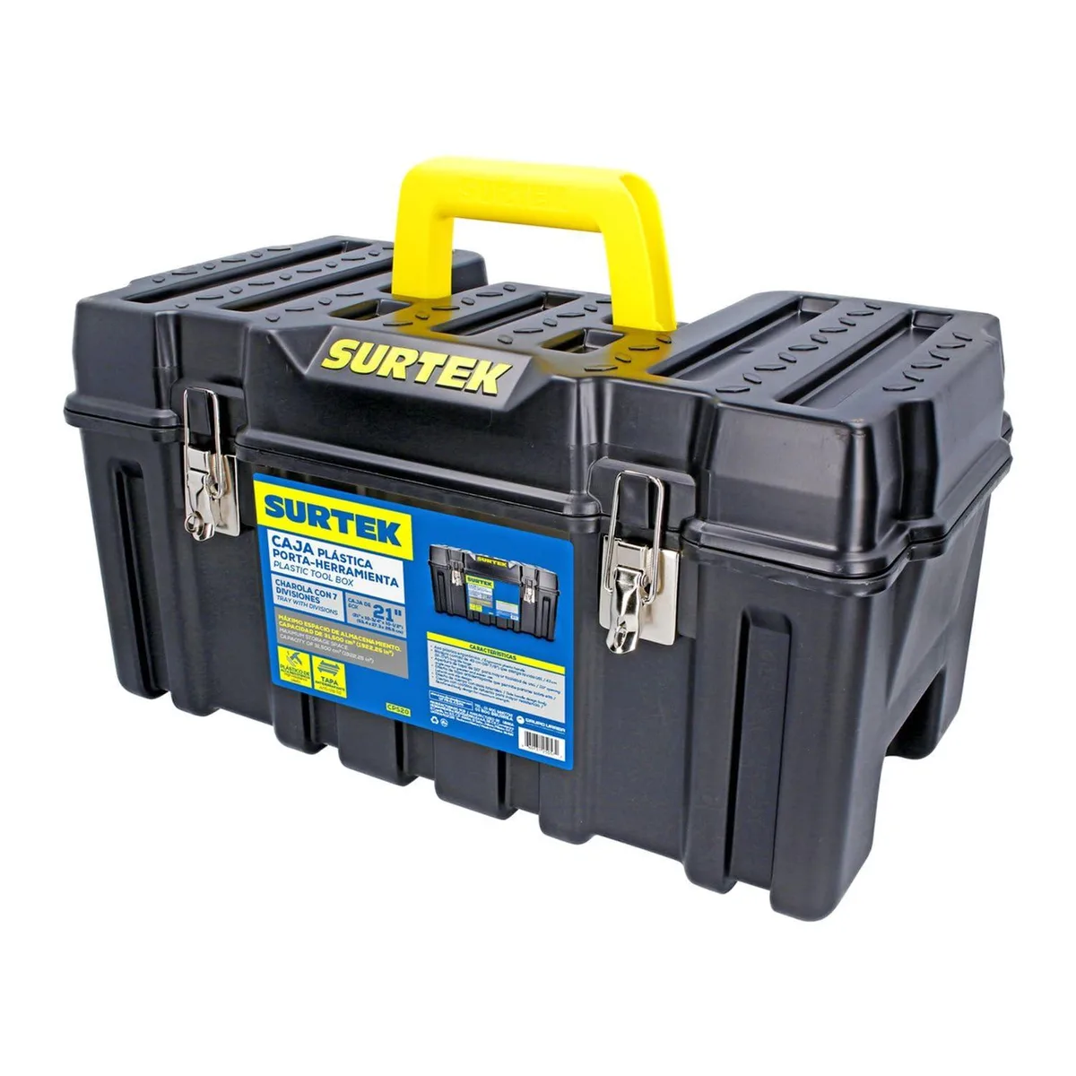 Black Surtek CPS20 tool box, 21 x 11 x 10 inches, moulded ABS plastic with dual metal clasps