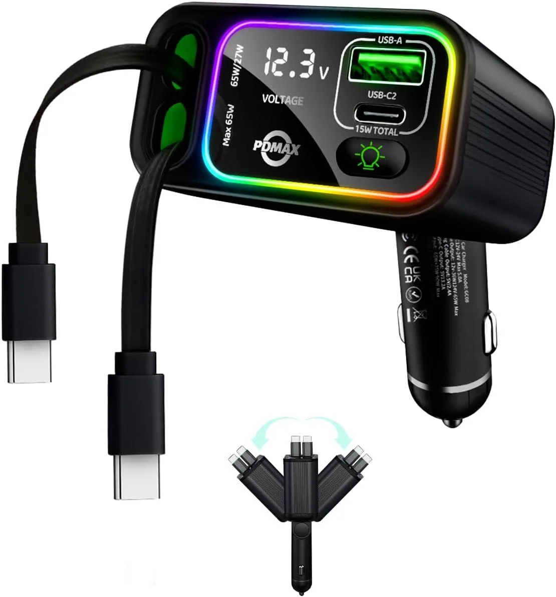 Leelbox Leelbox Retractable Car Charger 145W Dual USB-C Cable 76cm — product photo