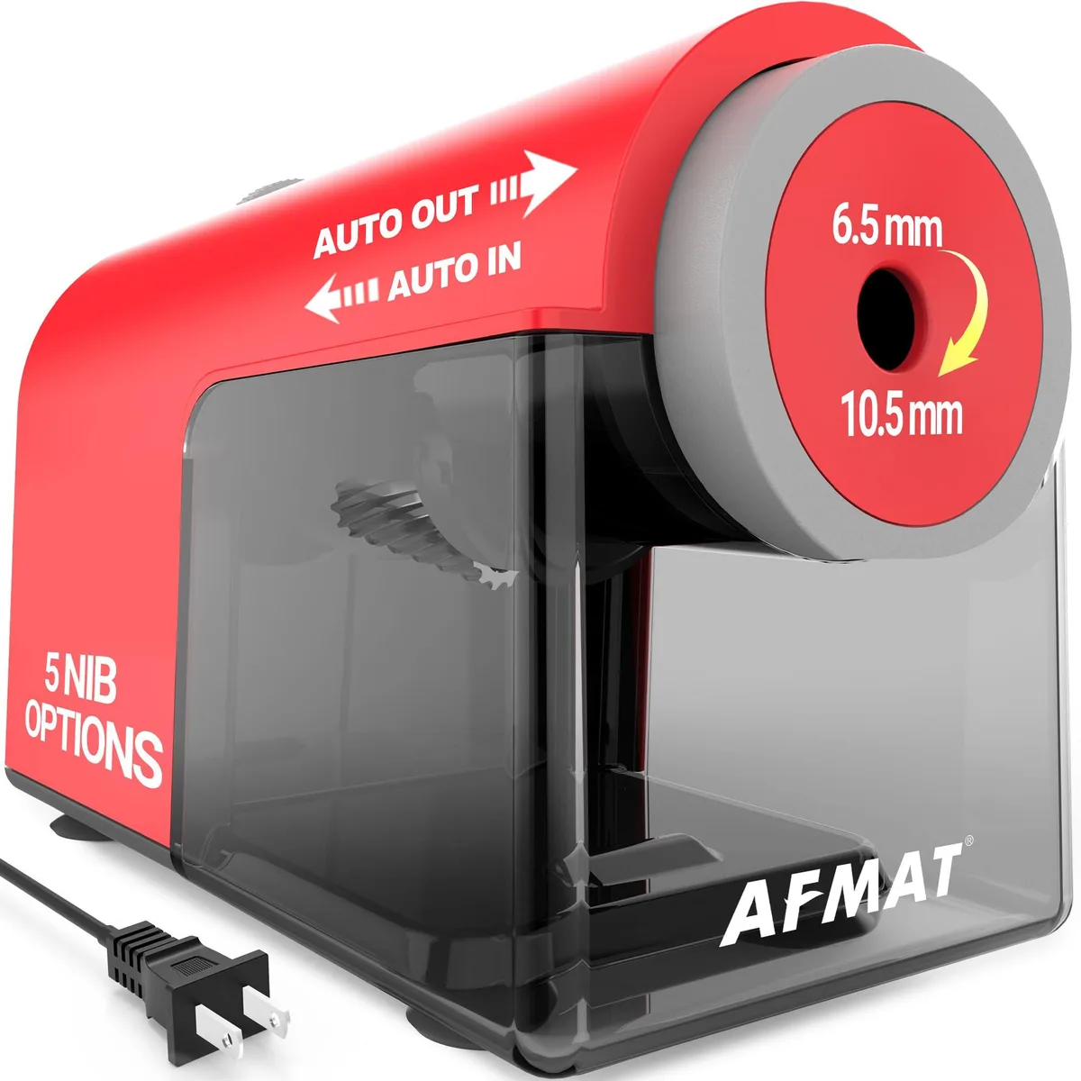 Red electric pencil sharpener with ABS housing and stainless steel blade