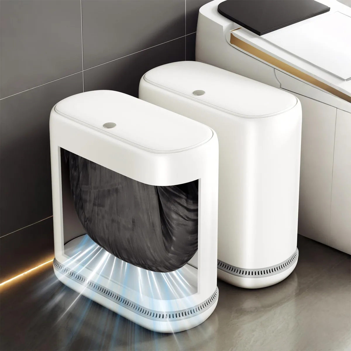 Three white slim plastic bins with lids, 3 pack