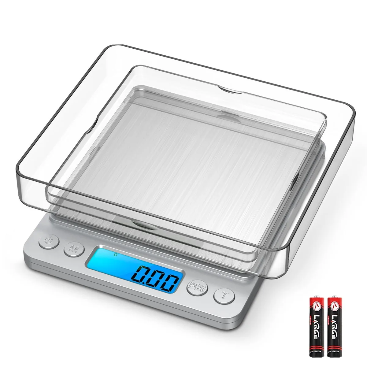 Twelve silver pocket scales with stainless steel platforms and blue LCD displays