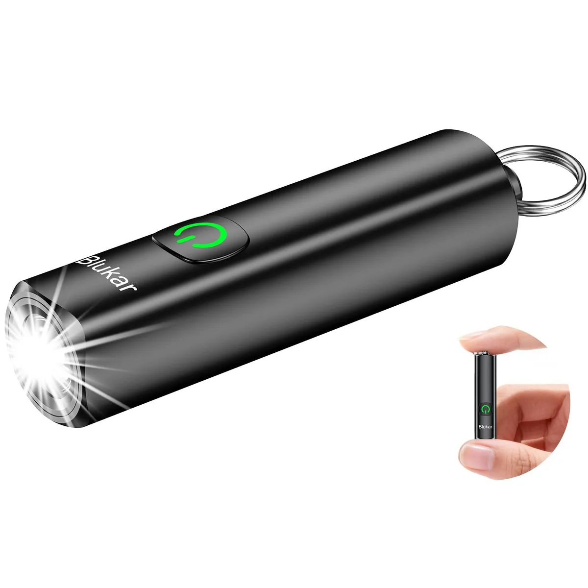 Small black aluminium keychain flashlight with USB-C port