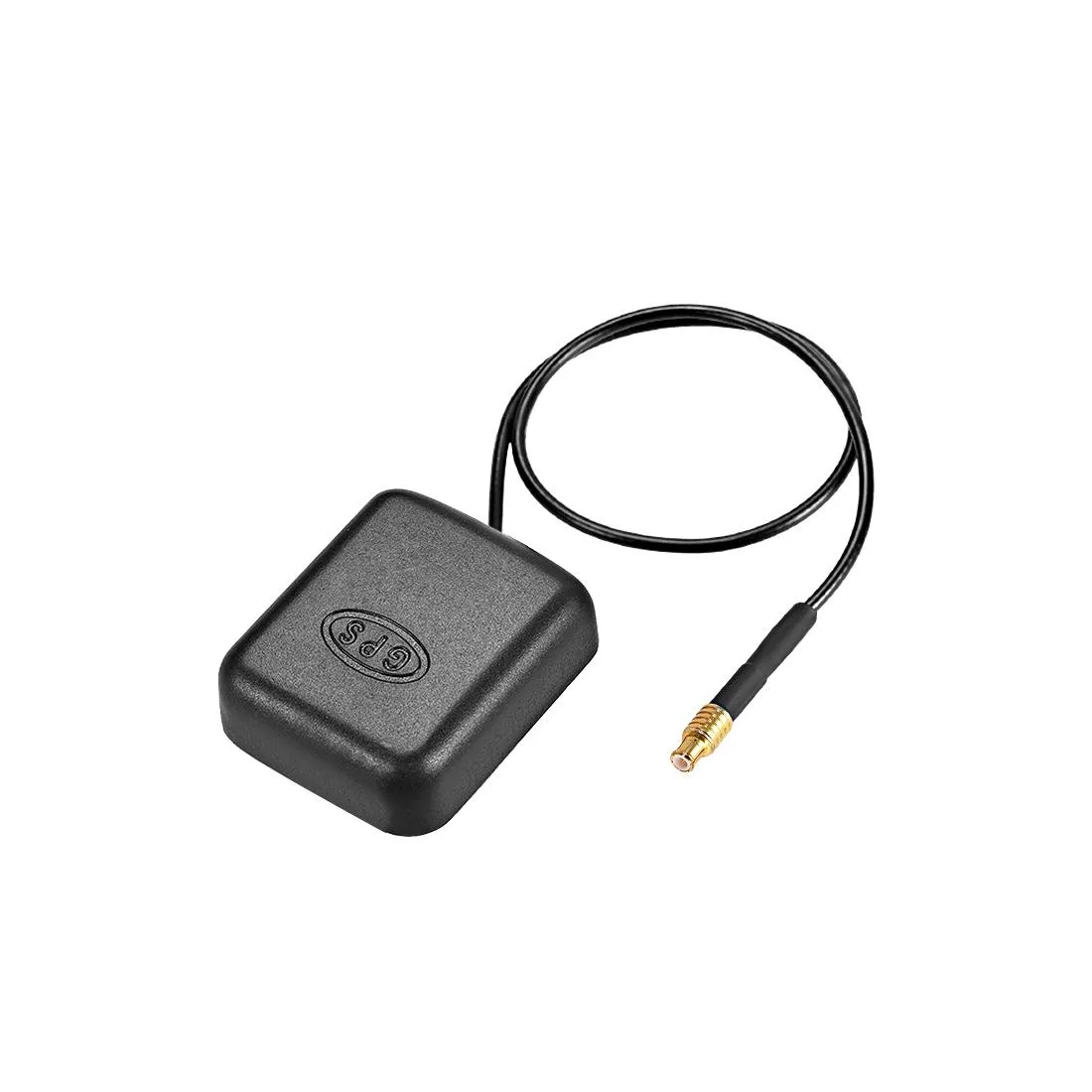 Small black rectangular GPS antenna with magnetic base, MCX plug and one metre cable