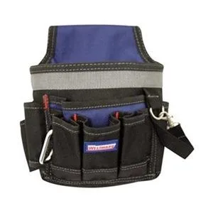 Black polyester electrician tool pouch with six pockets and belt slot