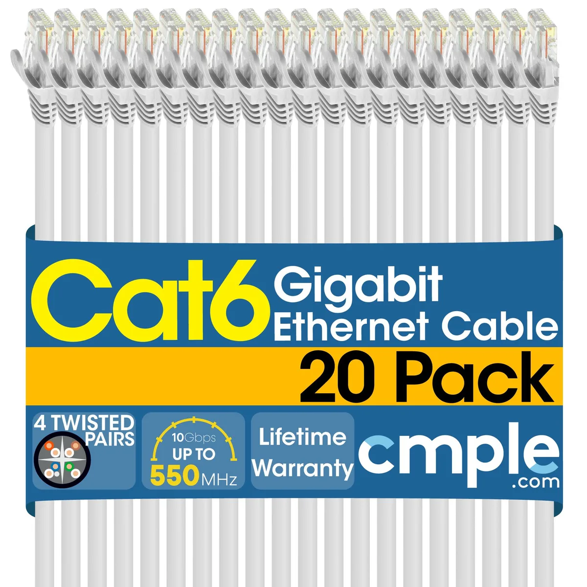 CMPLE CMPLE Cat6 Ethernet Cable 1.5 ft White 20 Pack — product photo