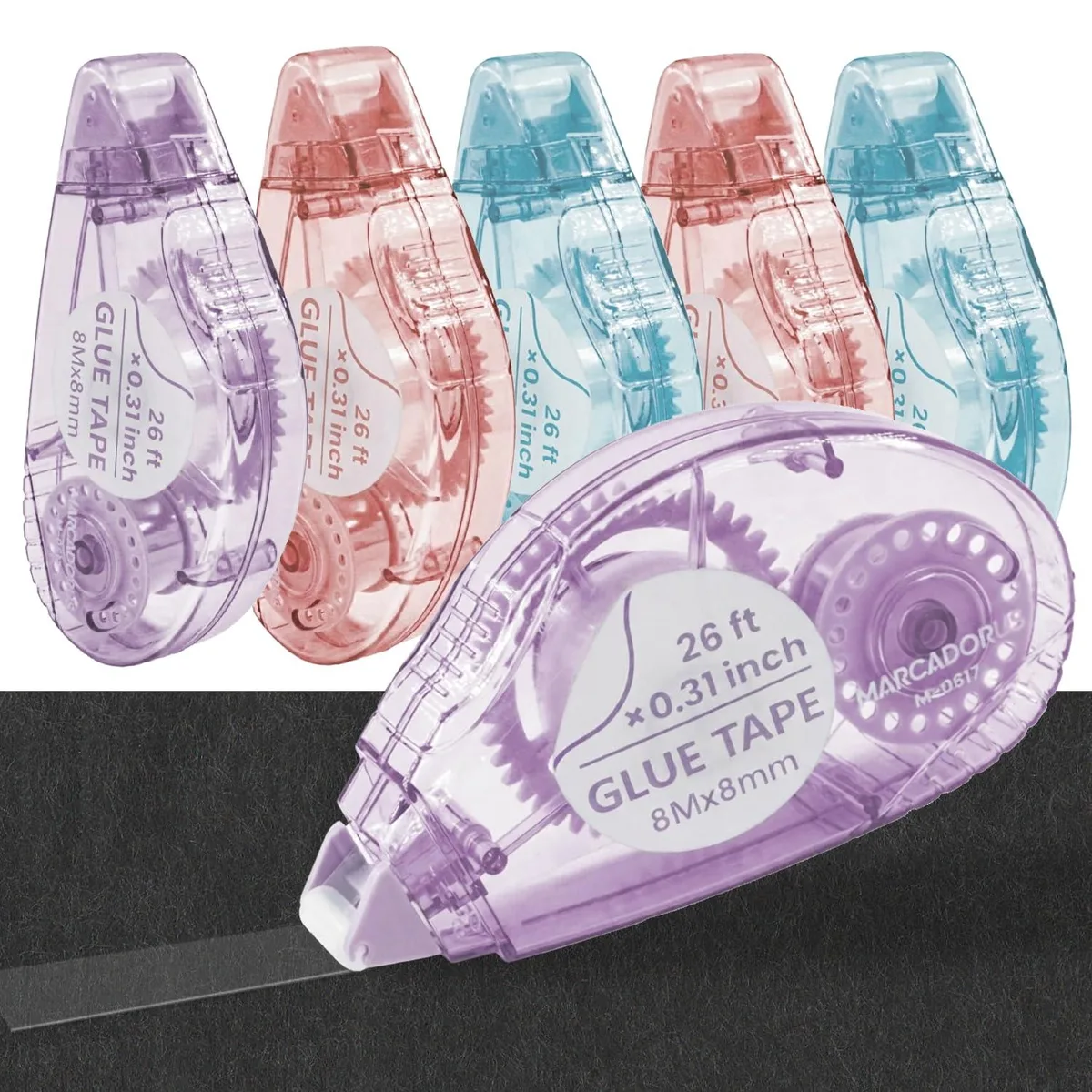 Six double-sided tape rollers in multicolour dispensers