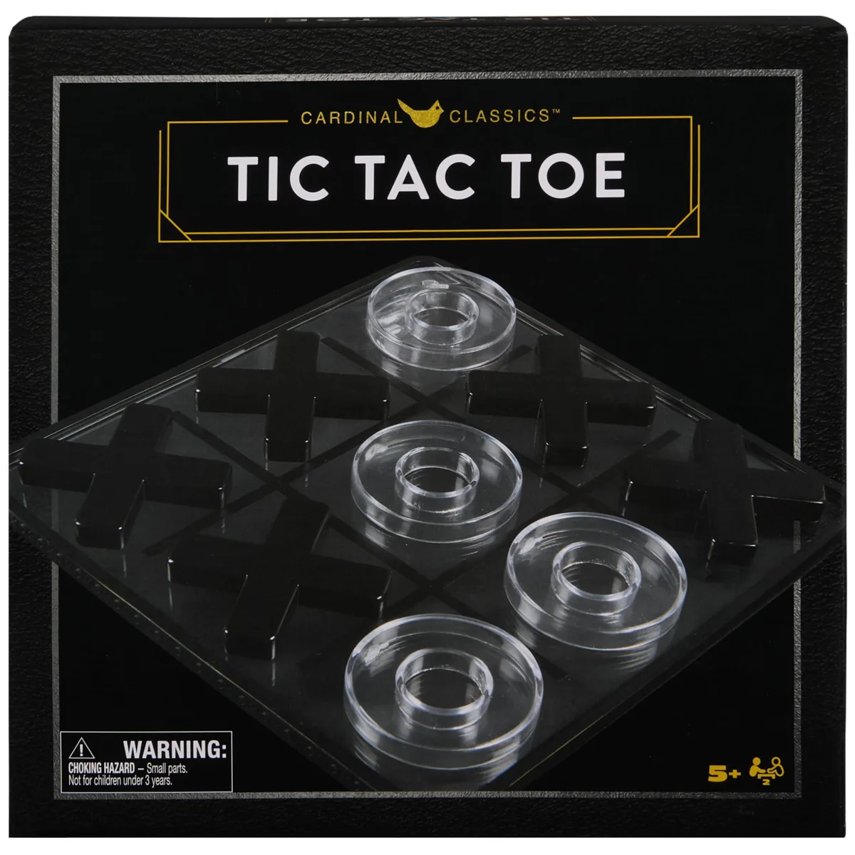 Clear acrylic Tic Tac Toe board with black frame and black and clear playing pieces