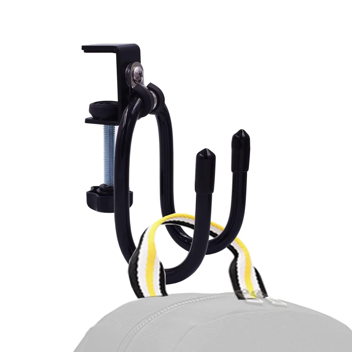 Black metal clamp-on hook with rubber-cushioned jaws and curved arm, mounts on desk edge up to 32 mm thick