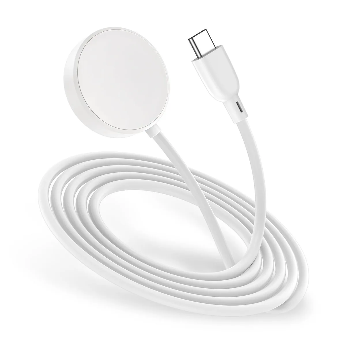 A compact magnetic charging puck with a short USB-C cable attached