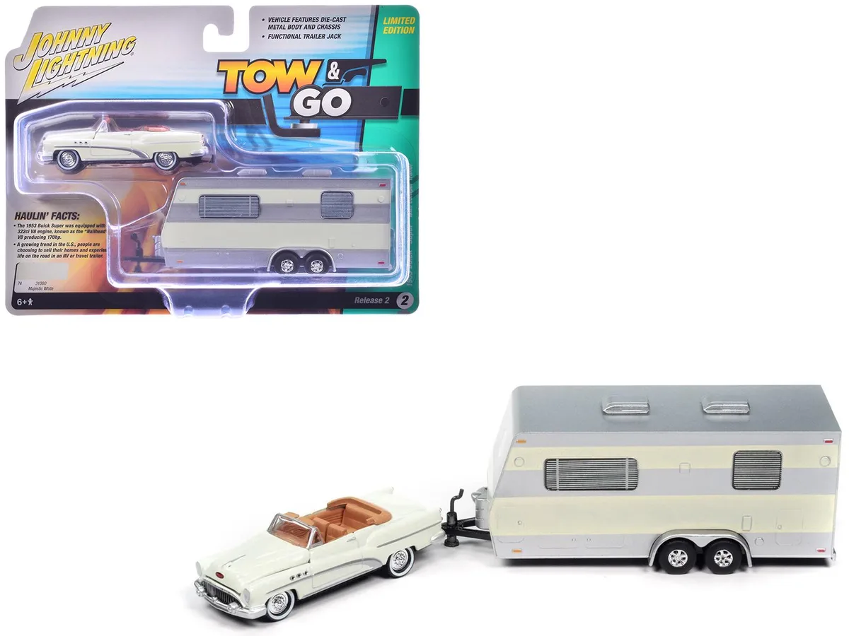 JOHNNY LIGHTNING JOHNNY LIGHTNING 1953 Buick Super Cream with Travel Trailer "Tow &amp; Go" 1/64 hobby collectible — product photo