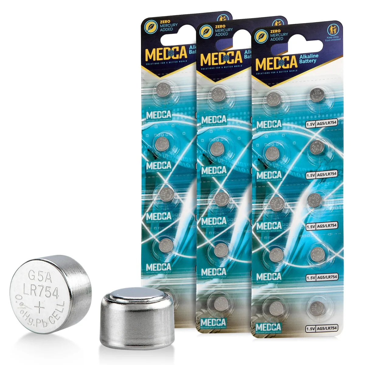 Thirty small silver button-cell batteries in a blister pack