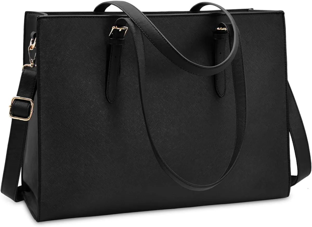 Black rectangular tote bag in smooth PU leather with dual top handles and detachable crossbody strap, metal feet on base
