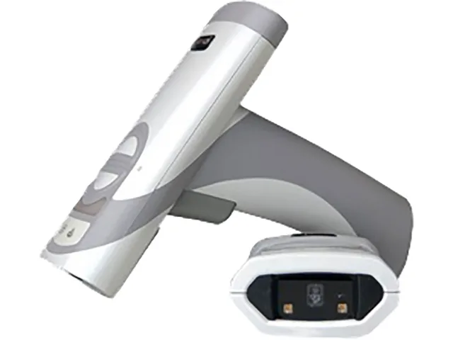 Light grey handheld barcode scanner kit with inductive charging base and USB cable