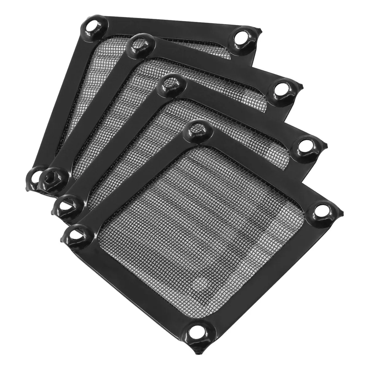 Four black 60mm square fan filters with aluminium frames and stainless steel mesh, screws included