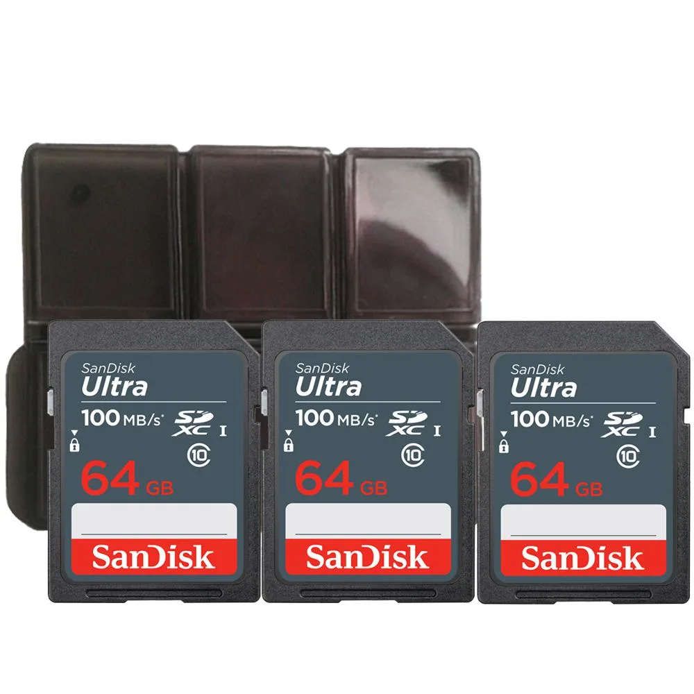 SanDisk SanDisk 64GB Ultra SDXC UHS-I Memory Card 3-pack + holder — product photo