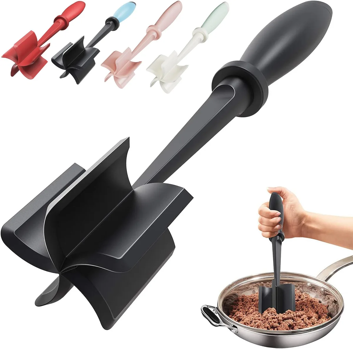 Black nylon meat masher with five pinwheel blades and ergonomic handle