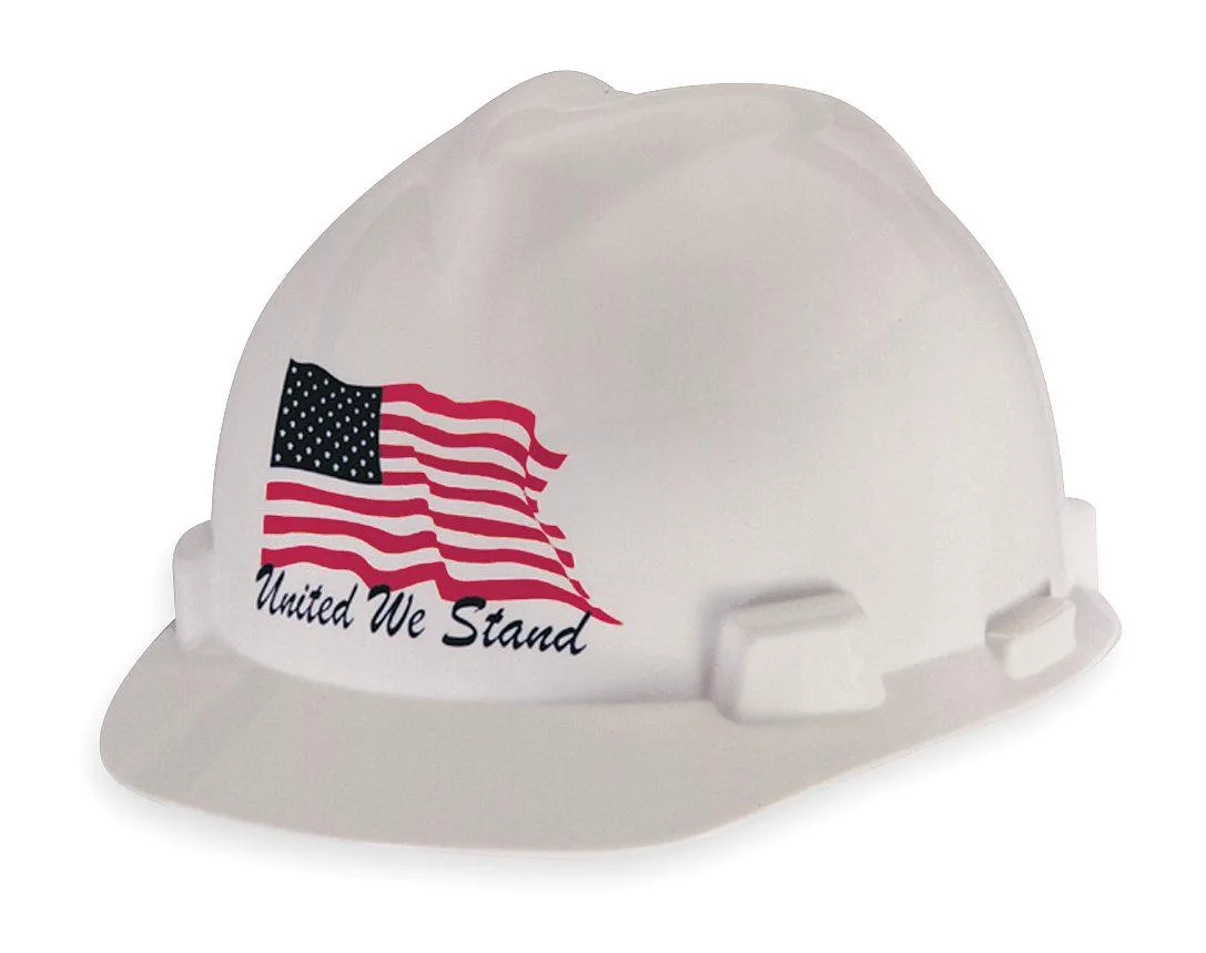 MSA MSA 10034263 Hard Hat Front Brim Slotted 4 pt Ratchet US Flag White personal protective equipment — product photo