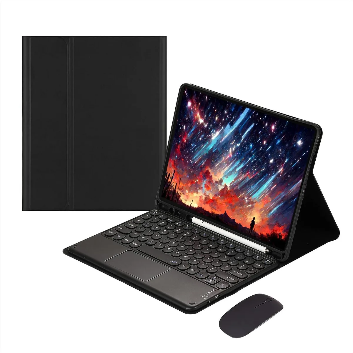 Black folio case with detachable backlit keyboard and wireless mouse for 9.7 inch iPad