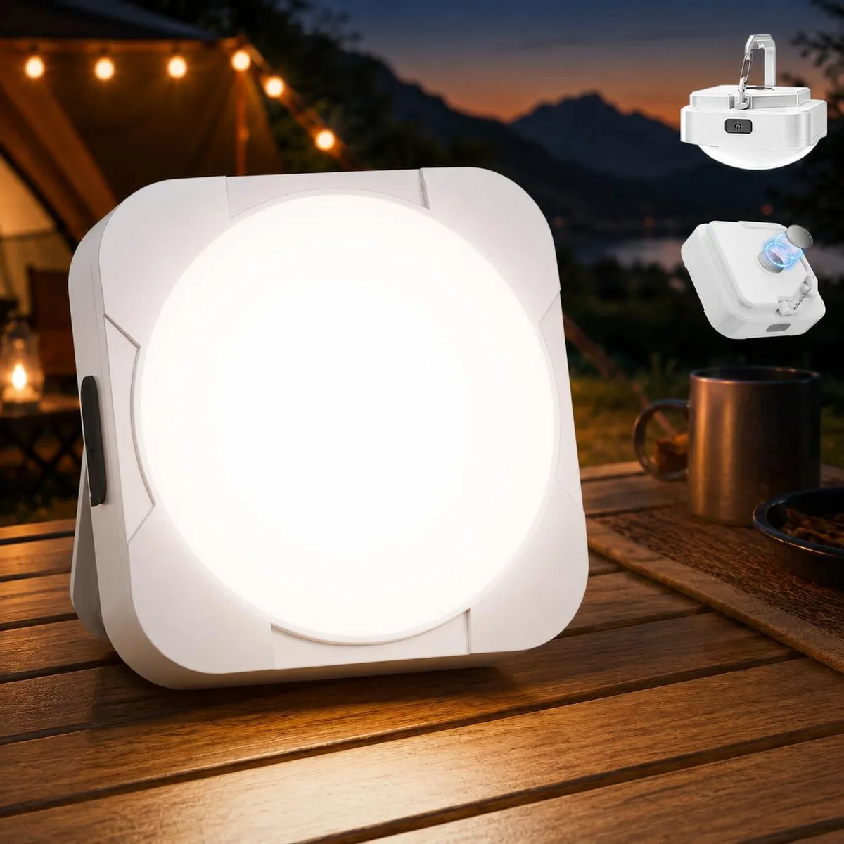 White cylindrical rechargeable LED camping lantern with magnet base
