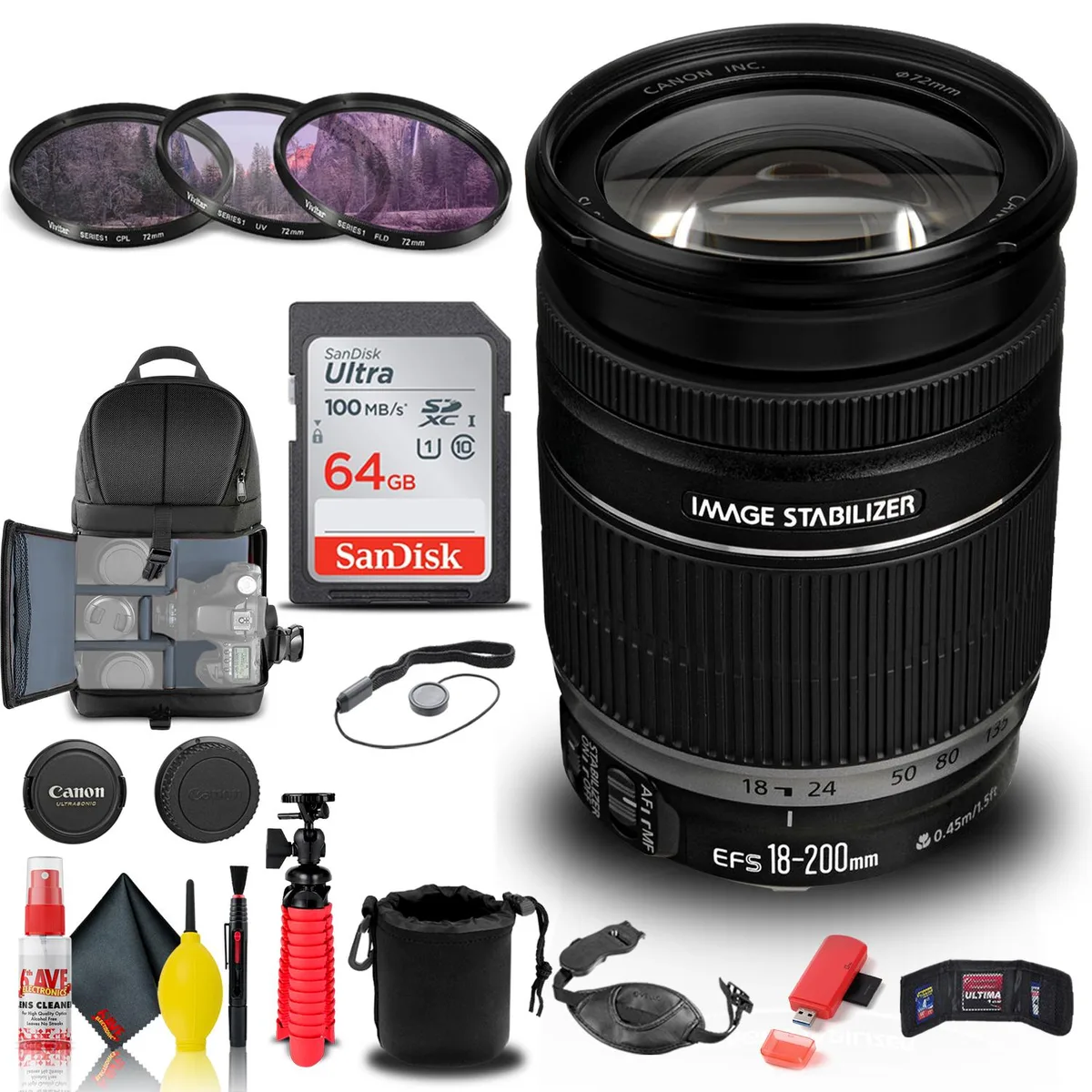 Canon Canon EF-S 18-200mm f/3.5-5.6 IS Lens + Filter Kit + Backpack + 64GB Card + Accessories — product photo