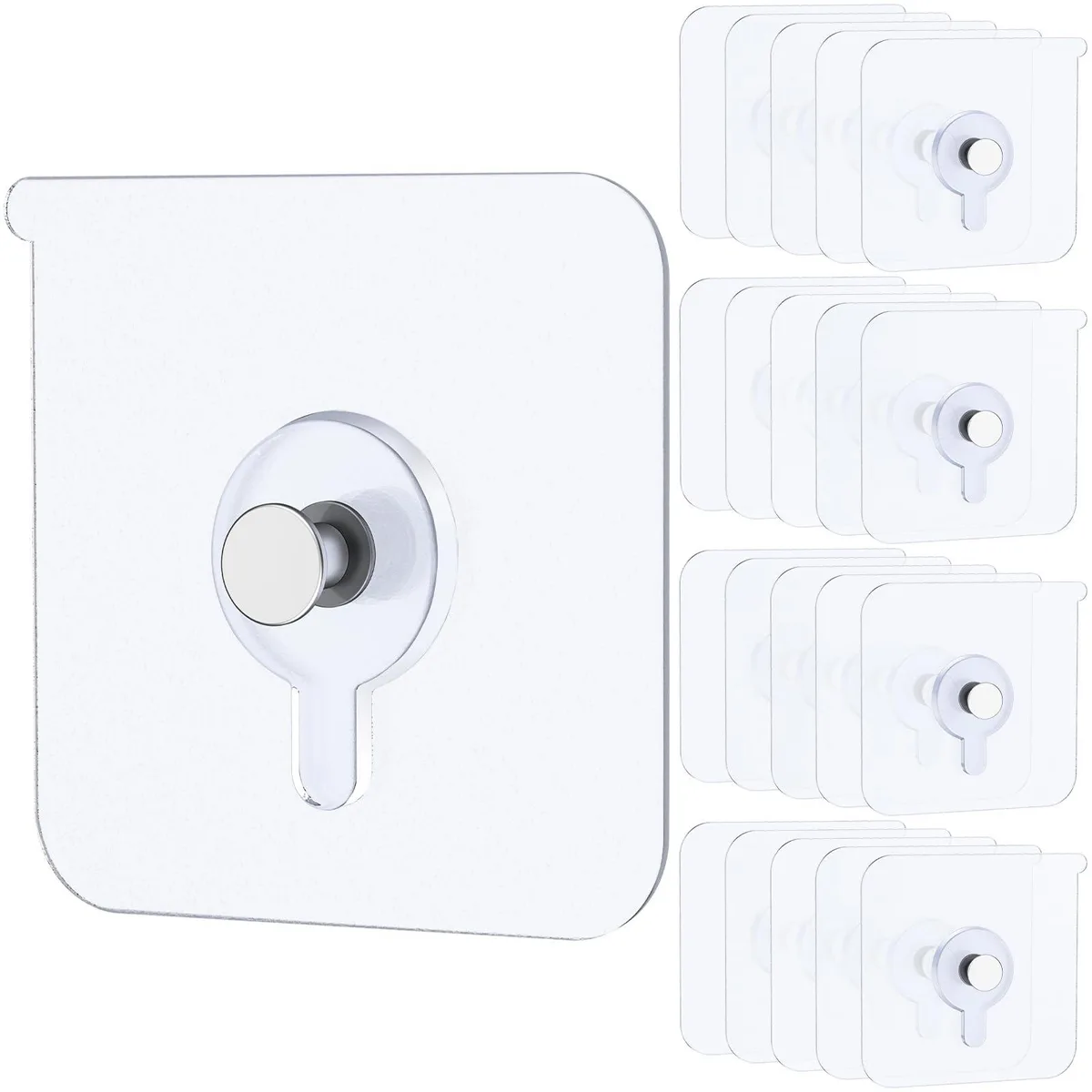 Twenty square white adhesive hooks with metal pegs on a backing sheet