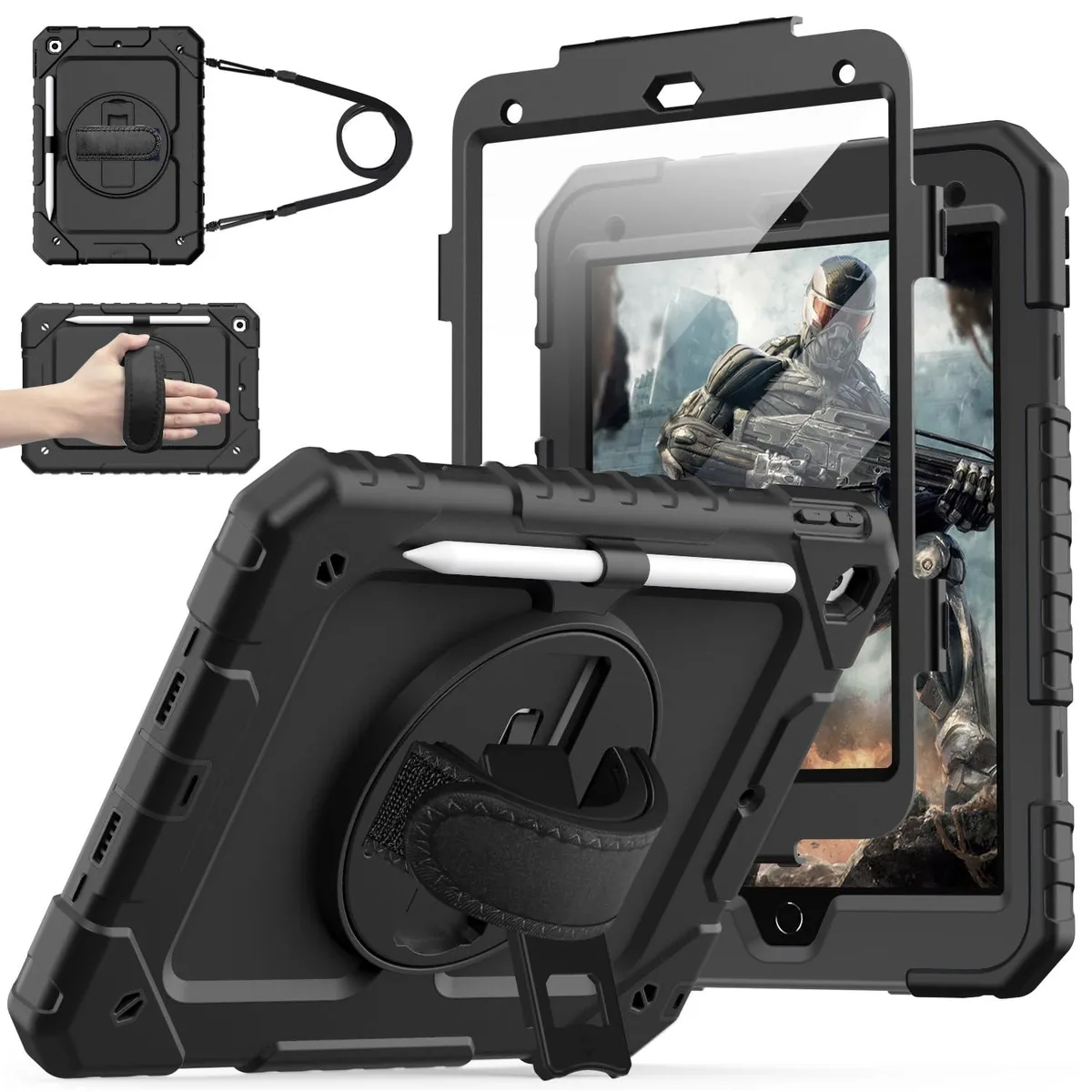  Speck iPad 9th/8th/7th Gen 10.2 Case with Screen Protector, Stand, Strap, Pencil Holder, Black — product photo