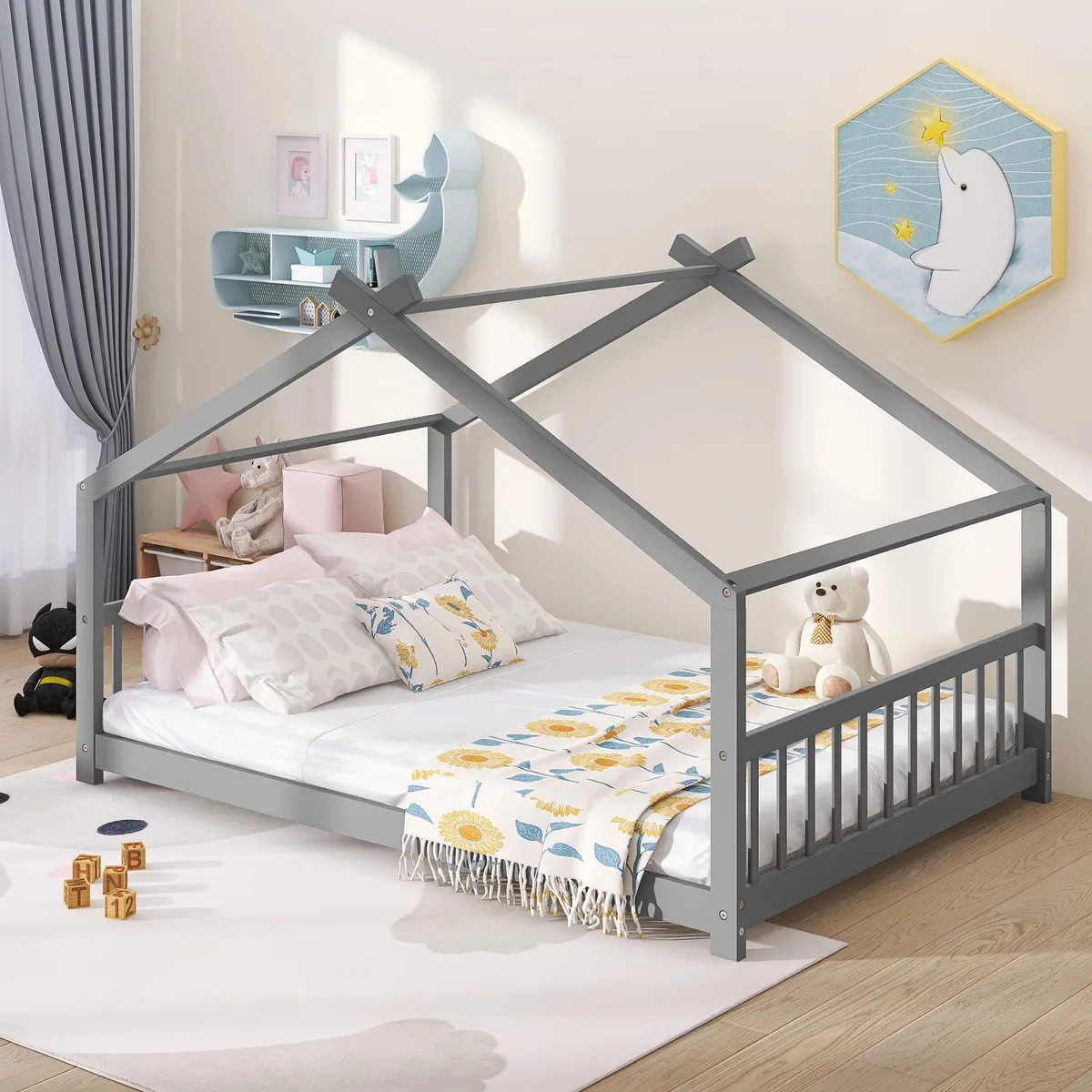 tuphen tuphen Full Size House Bed Wood Bed Gray 80.7"L x 56.3"W x 53.9"H — product photo