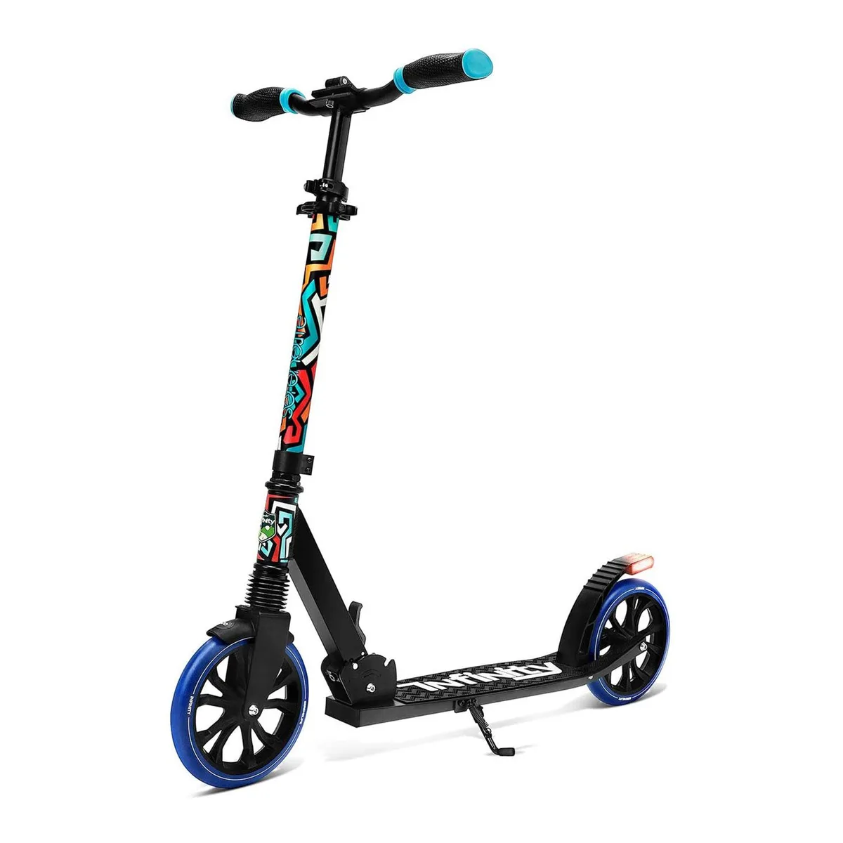 Folding kick scooter with large wheels, graffiti deck, adjustable handlebar, red LED rear light