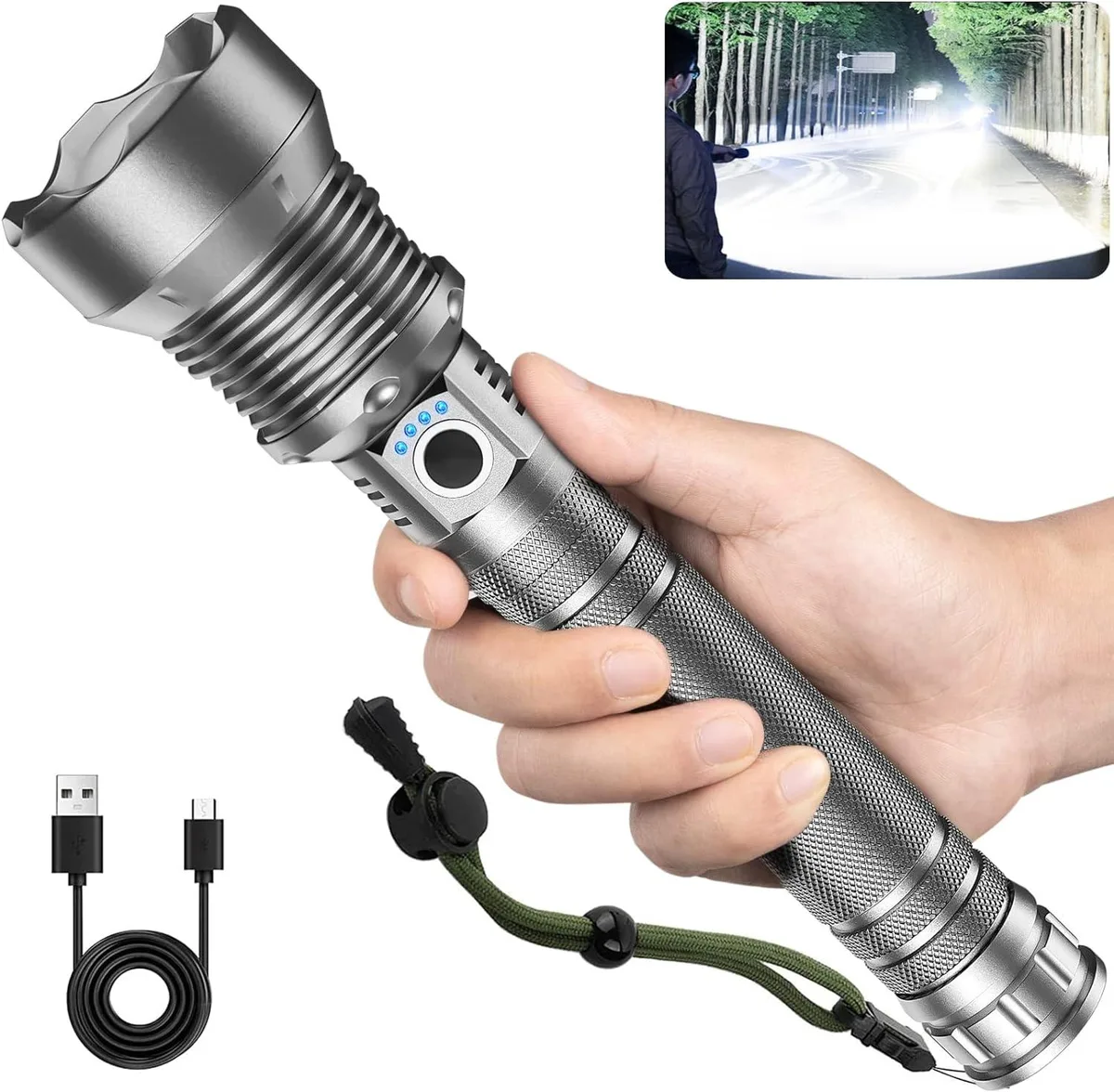Silver cylindrical LED flashlight with textured grip and micro USB port