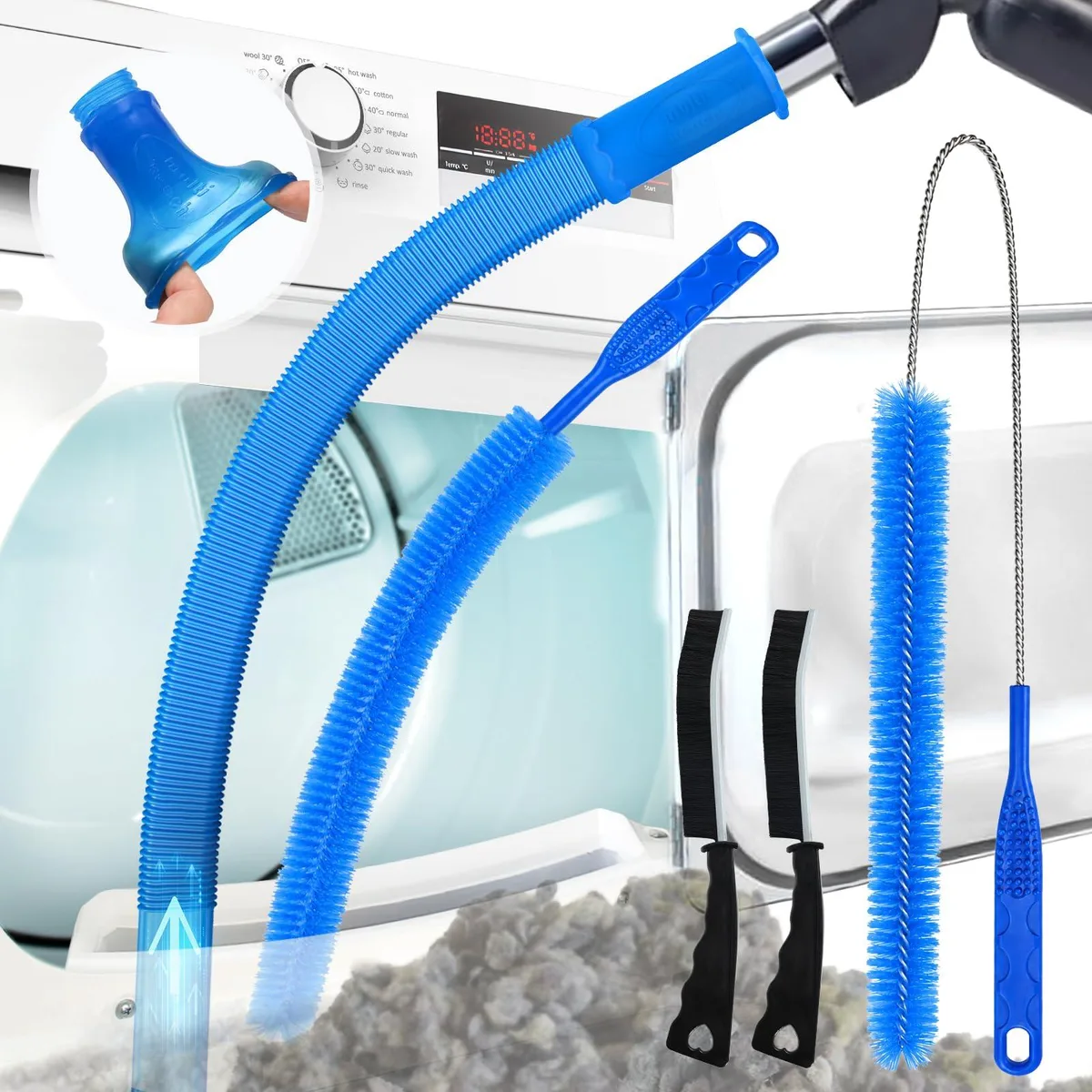 Blue dryer vent cleaning kit with flat vacuum hose attachment and multiple brushes