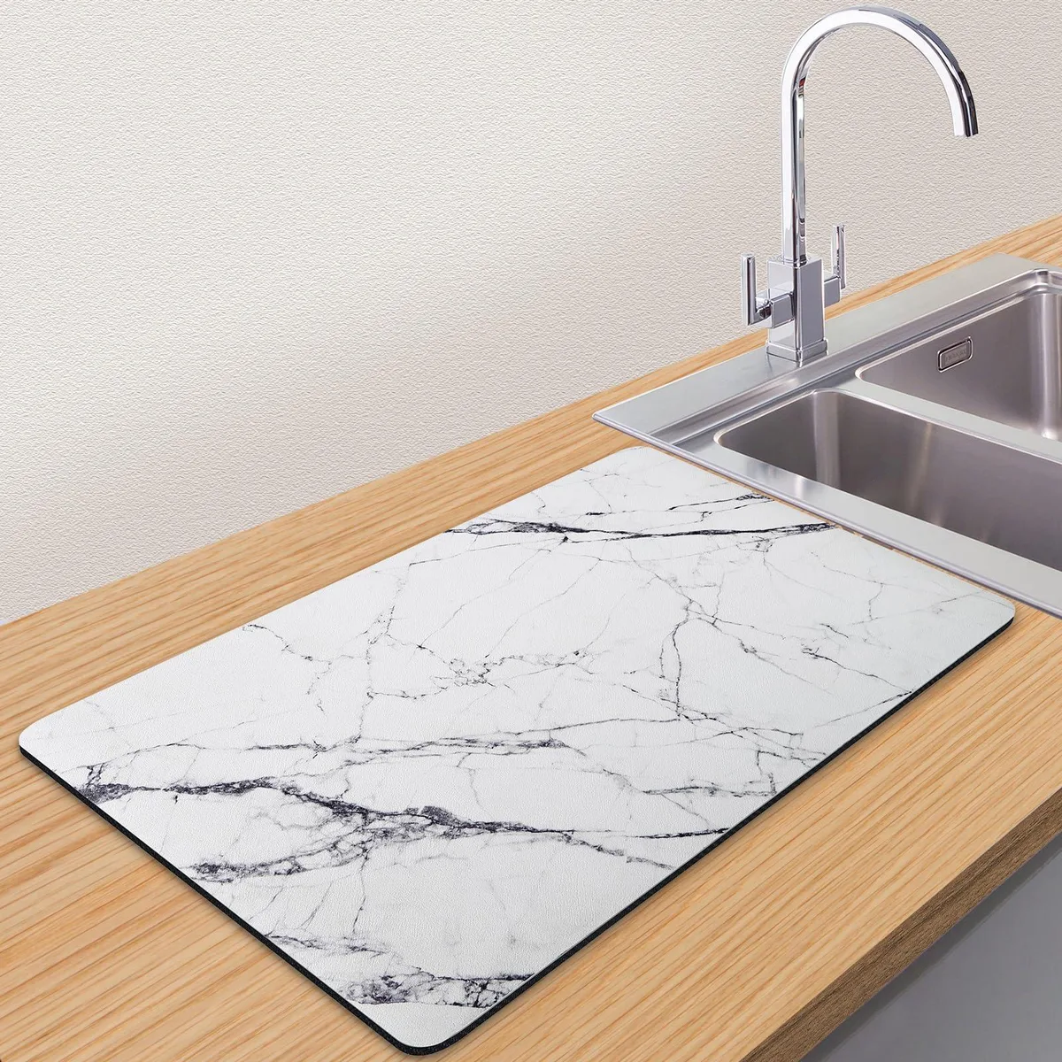 Rectangular dark marble-patterned drying mat, microfiber top with rubber backing, 12 by 20 inches