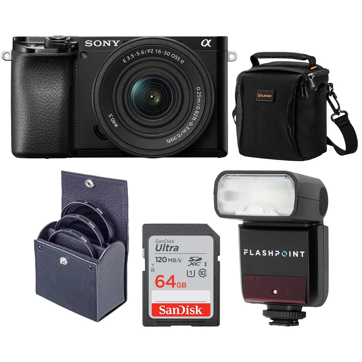 Sony Sony Alpha A6100 Compact Mirrorless Camera 16-50mm Kit with Flash, Bag, Filter Kit, 64GB SD Card — product photo