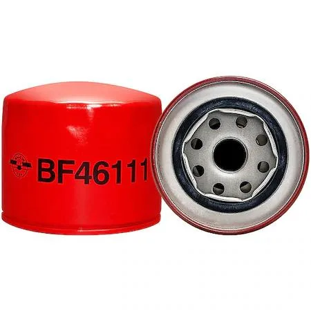 Silver metal spin-on fuel filter canister with black top and attached gasket