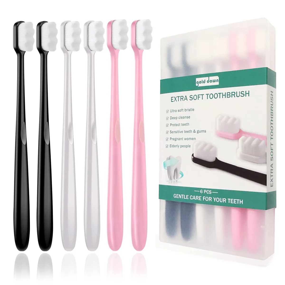 Six white manual toothbrushes in frosted plastic box