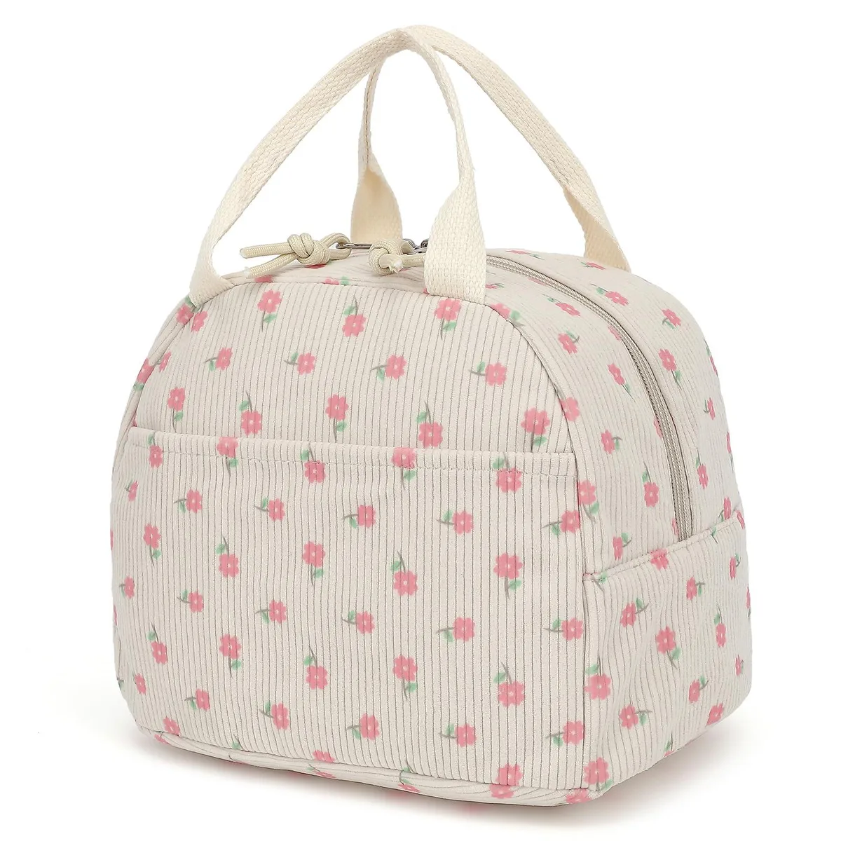 No Sew No Sew Corduroy Lunch Bag Beige Pink Flowers 10.5x7.9x8.2 in — product photo