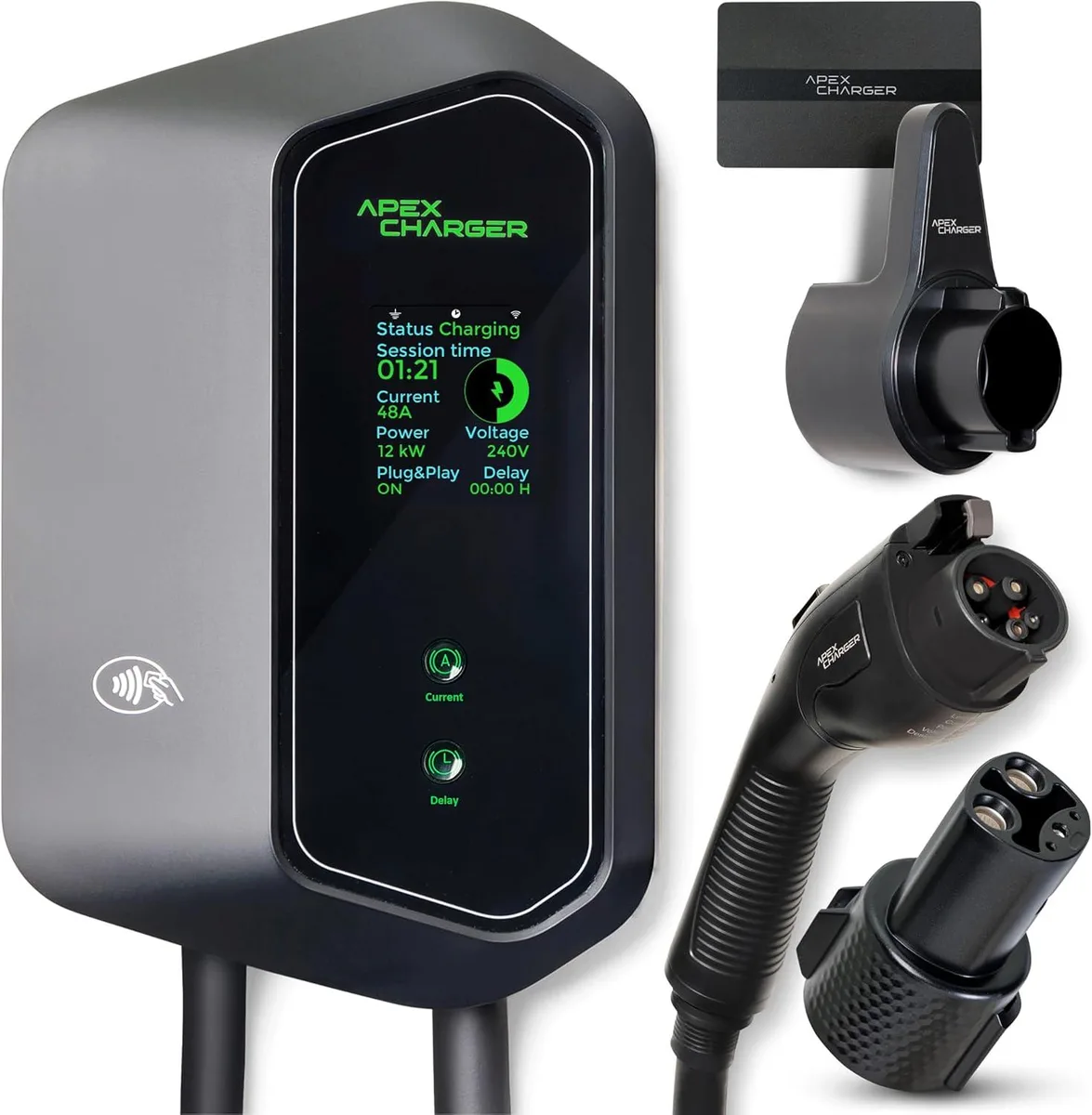 Wall-mounted EV charger with 30ft cable, J1772 connector and NACS adapter, 2.4 inch LED display