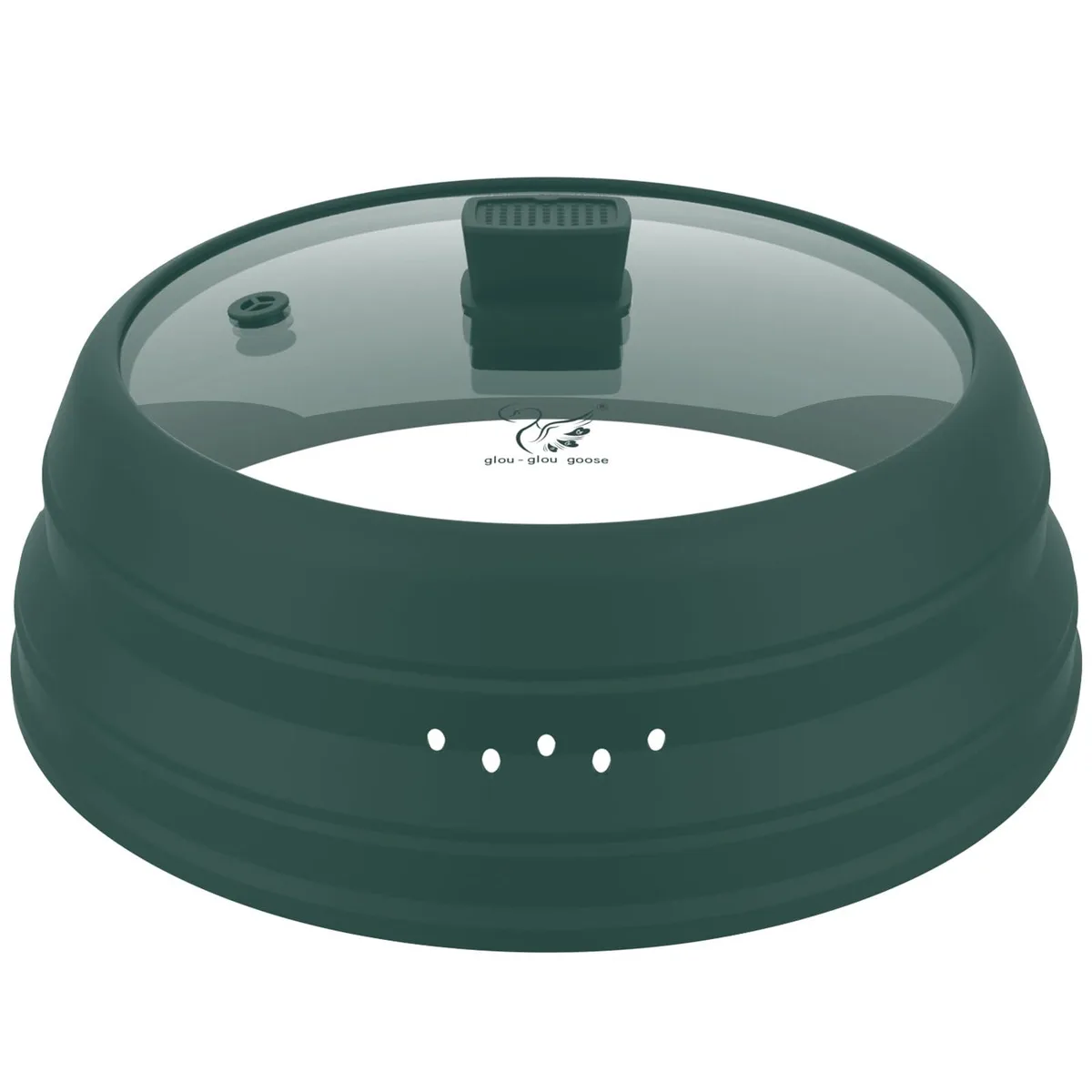 Dark green 9.8 inch collapsible silicone microwave splatter cover with tempered glass lid and diamond handle