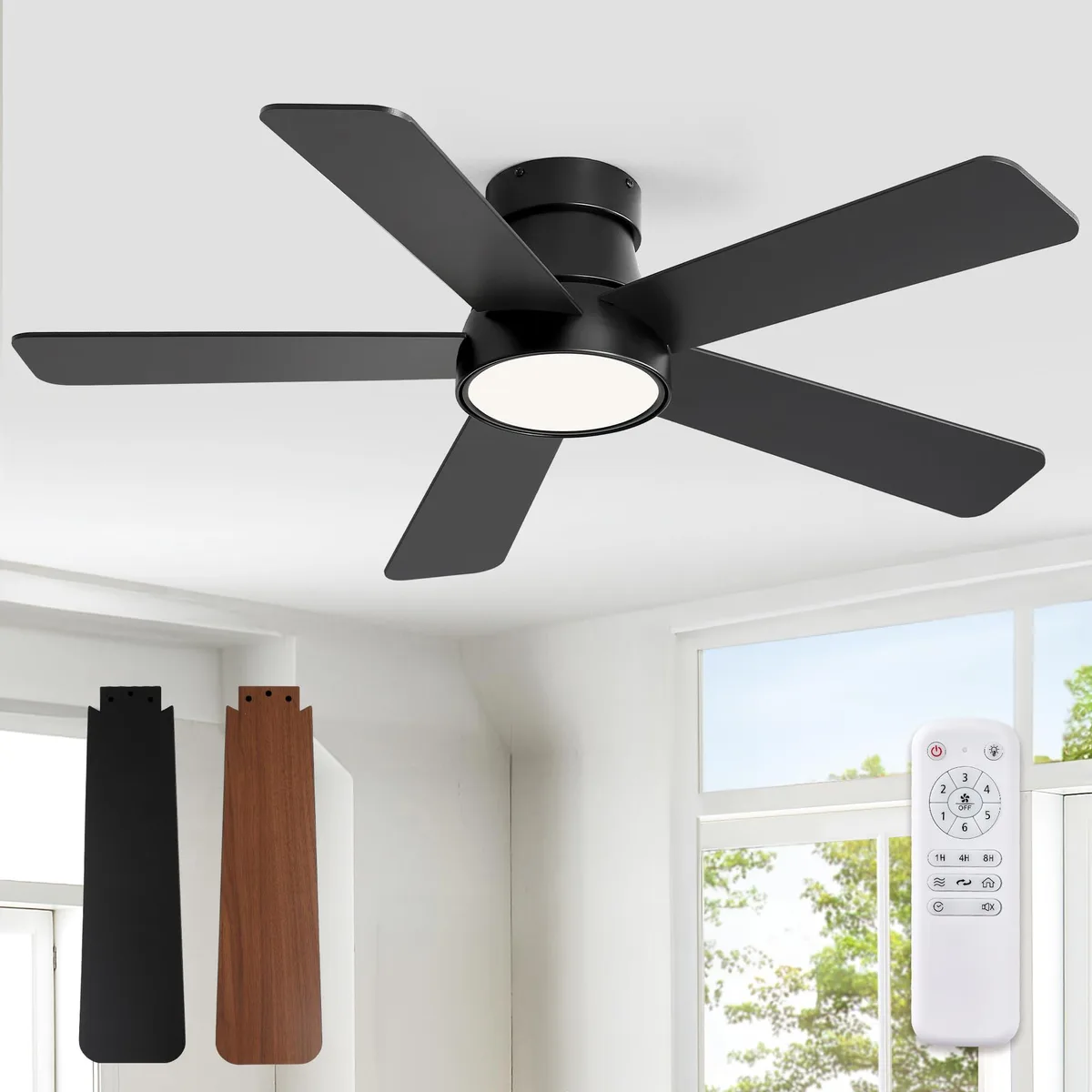 Black 42-inch flush-mount ceiling fan with five blades and integrated LED light