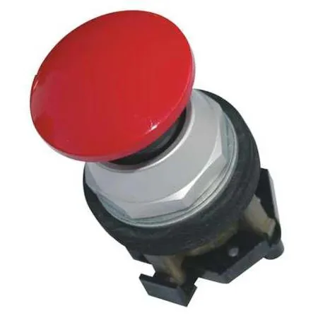 Red metal mushroom push button 30 mm diameter 40 mm head anodised aluminium bezel