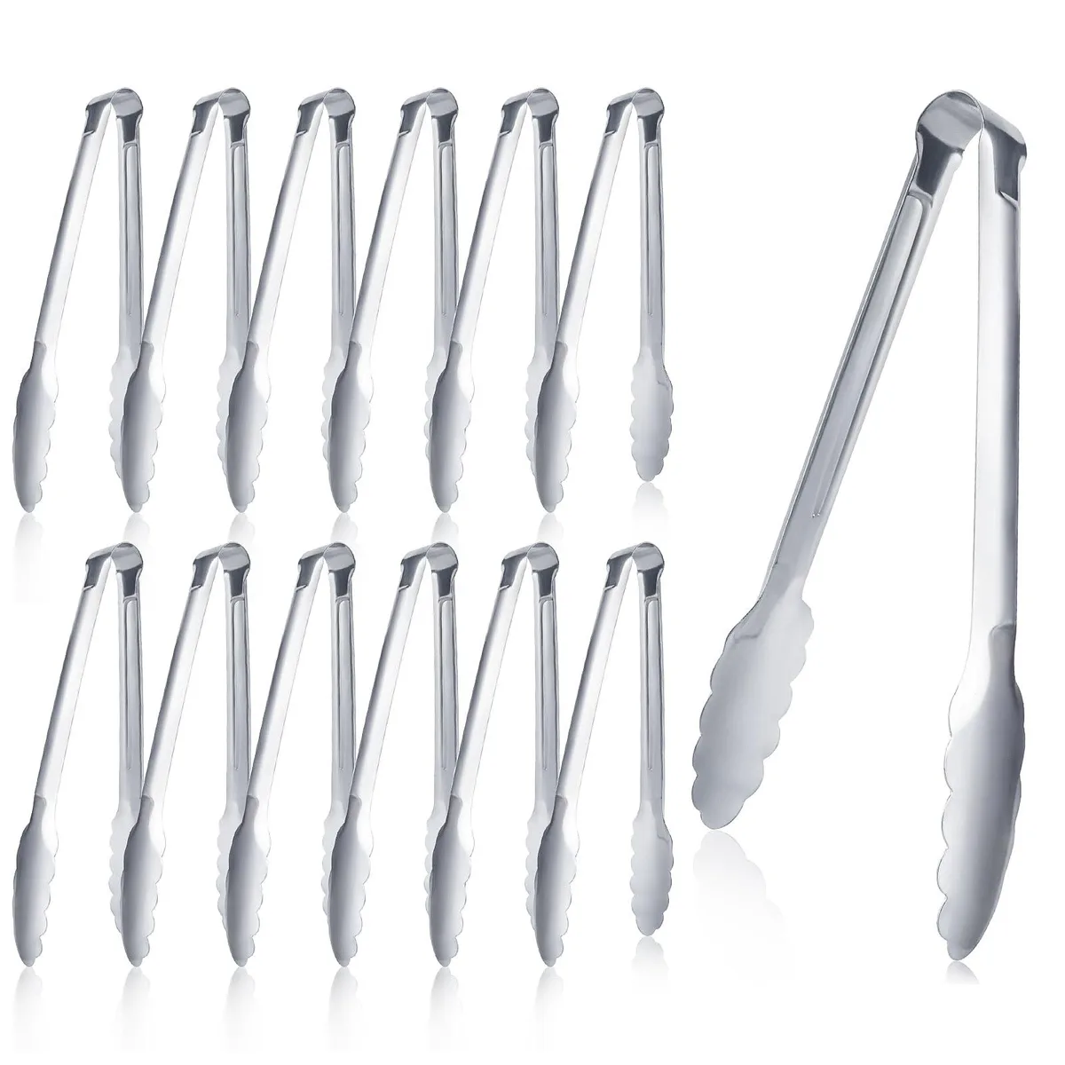 Twelve polished stainless steel buffet tongs, seven inches long, mirror finish, anti-slip handles