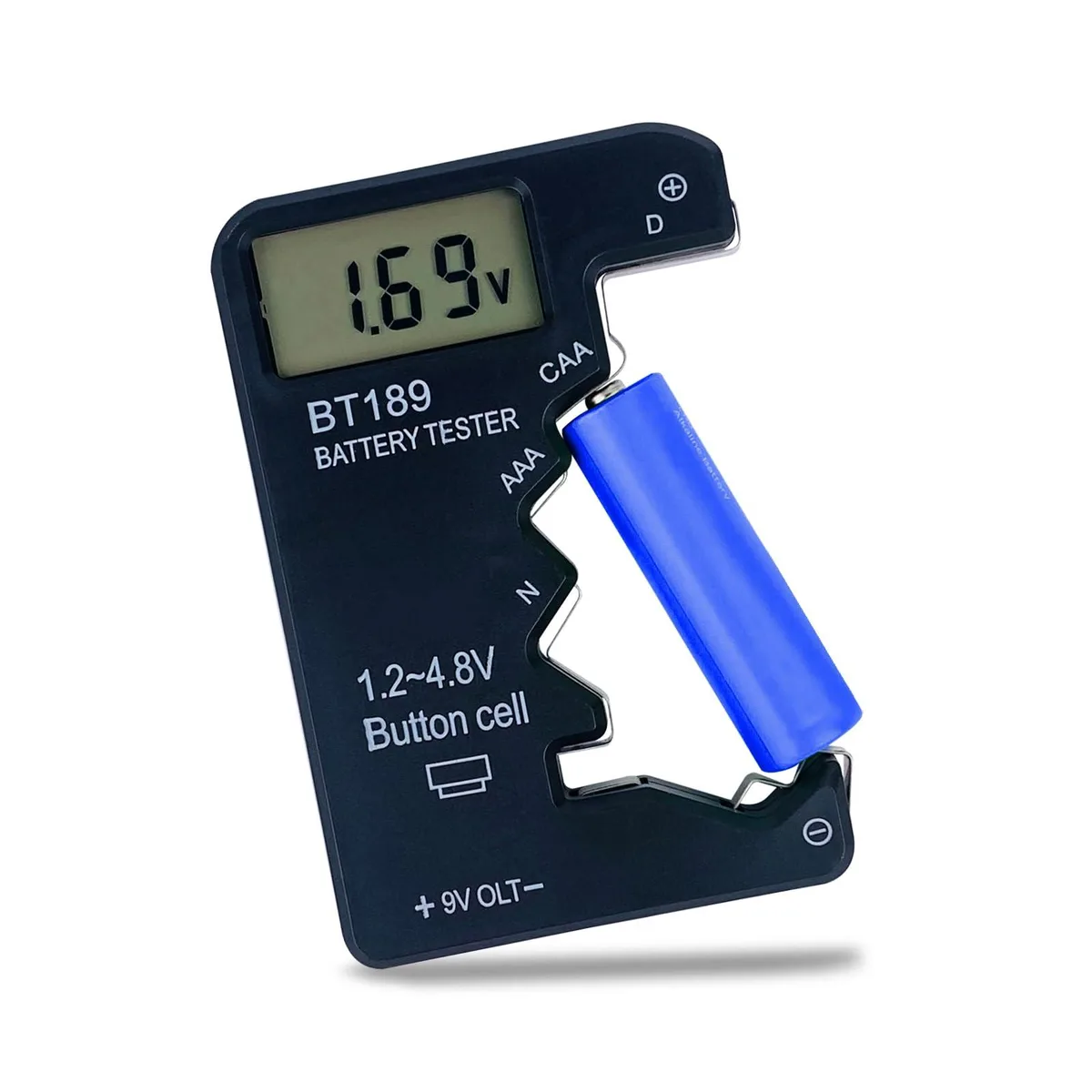 Black rectangular battery tester with LCD screen and multiple contact slots for AA AAA C D 9V 1.5V cells