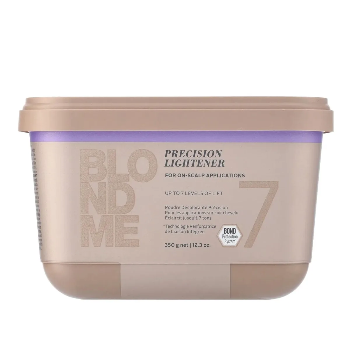 White cylindrical tub with blue lid and multilingual label, 350g lightener