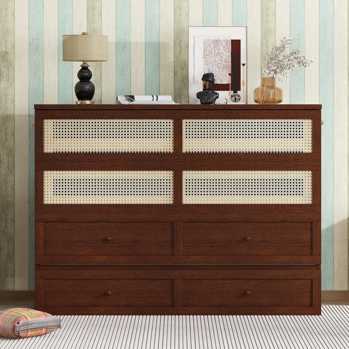 Walnut-finished pine Murphy cabinet with rattan panel and rolling storage drawer