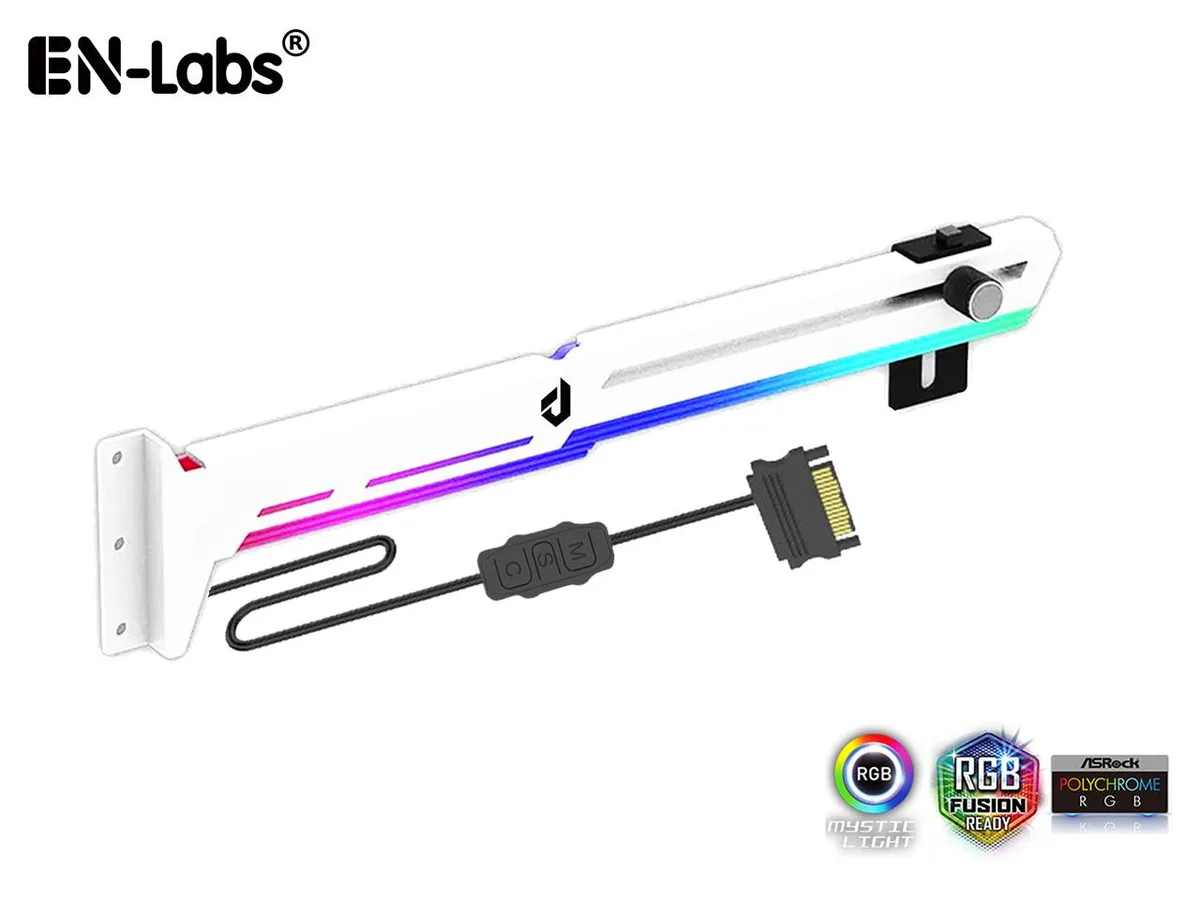 White metal GPU brace with adjustable support arm and ARGB light strip, mounted on three PCI brackets