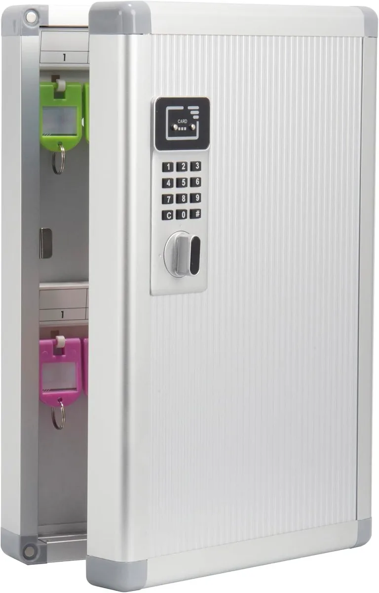 Silver wall-mounted key lock box, rectangular, 24 slots, 8.46 by 2.55 by 13 inch