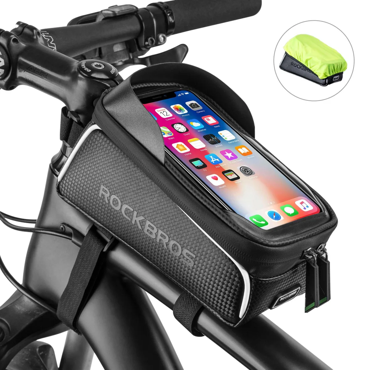 Black polyester bike frame bag with clear TPU touchscreen window, reflective side tapes and three mounting straps