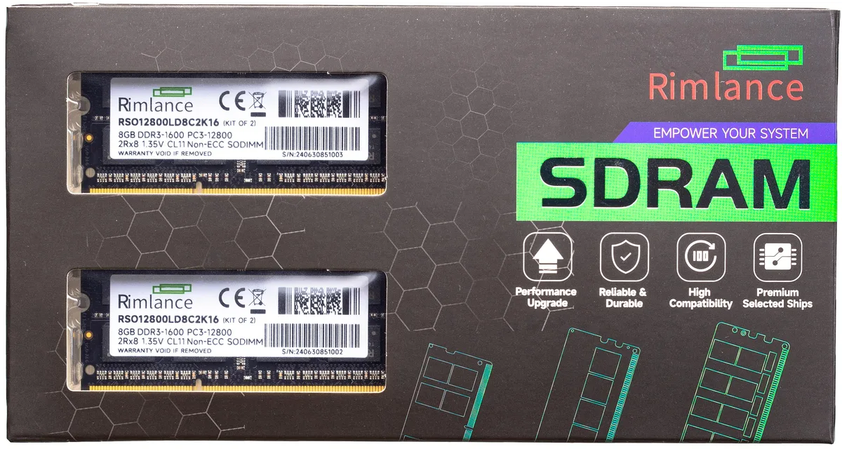 RIMLANCE RIMLANCE RSO12800LD8C2K16 16GB (2x8GB) DDR3 1600MHz CL11 1.35V 204-pin SODIMM — product photo